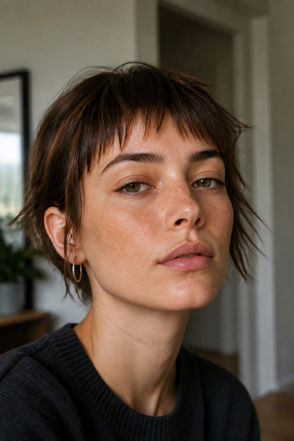 Close-up portrait of a real person with choppy French fringe texture.
