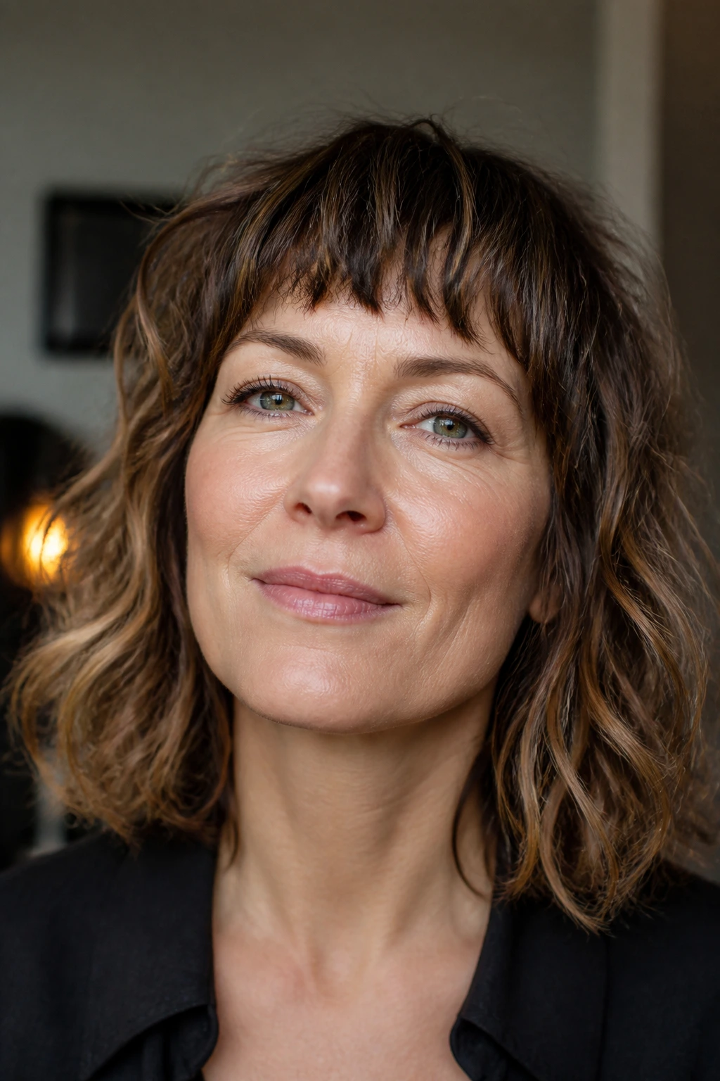 Close-up of a real woman with choppy French-girl bangs