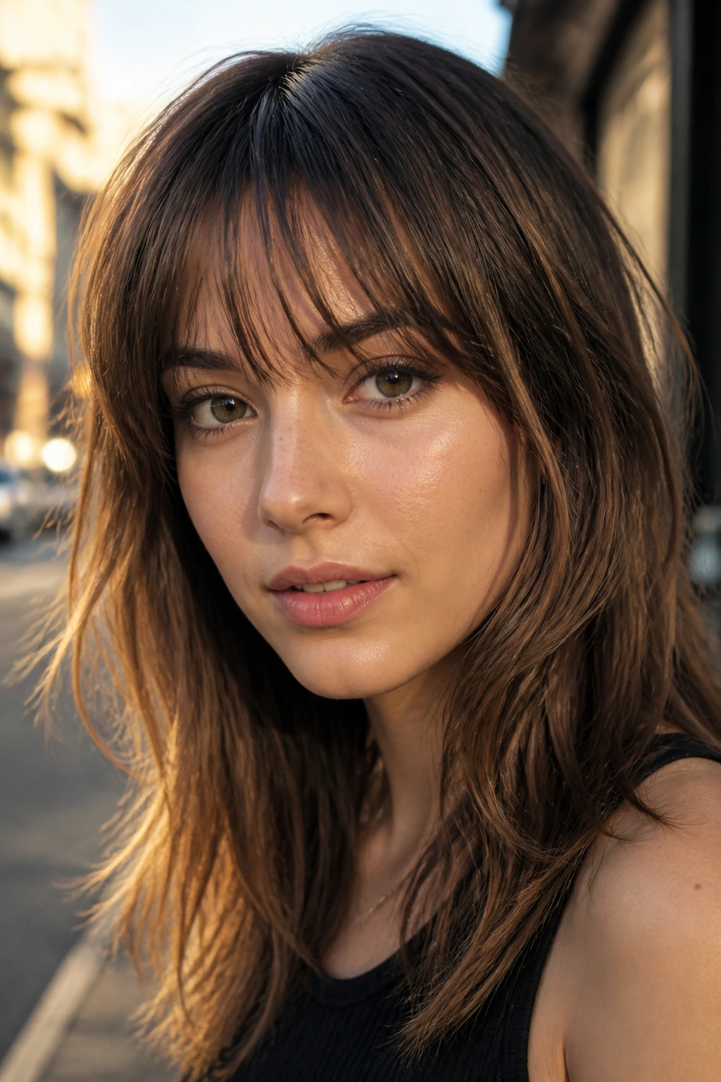 Close-up of a real woman with choppy long fringe and broken ends in golden hour light