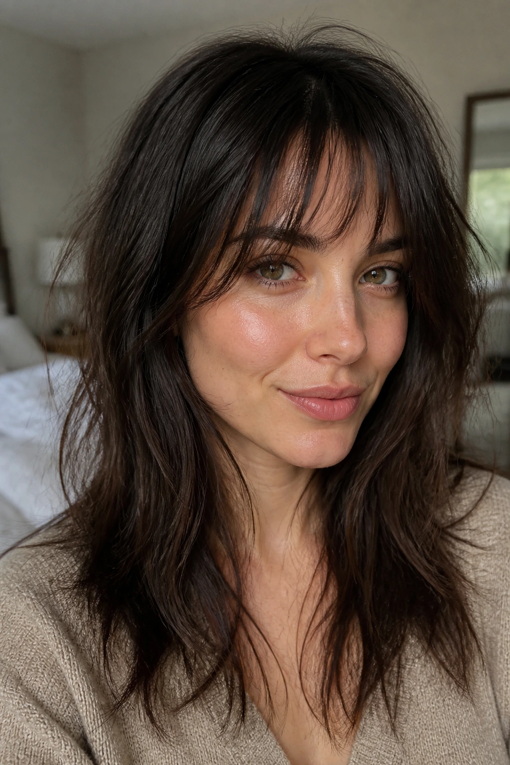 Real woman with choppy lived-in fringe close-up