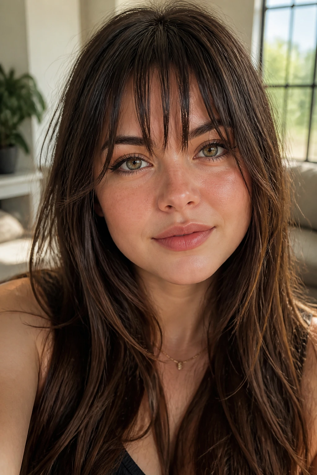 Close-up portrait of a real woman with a choppy piecey fringe under natural window light