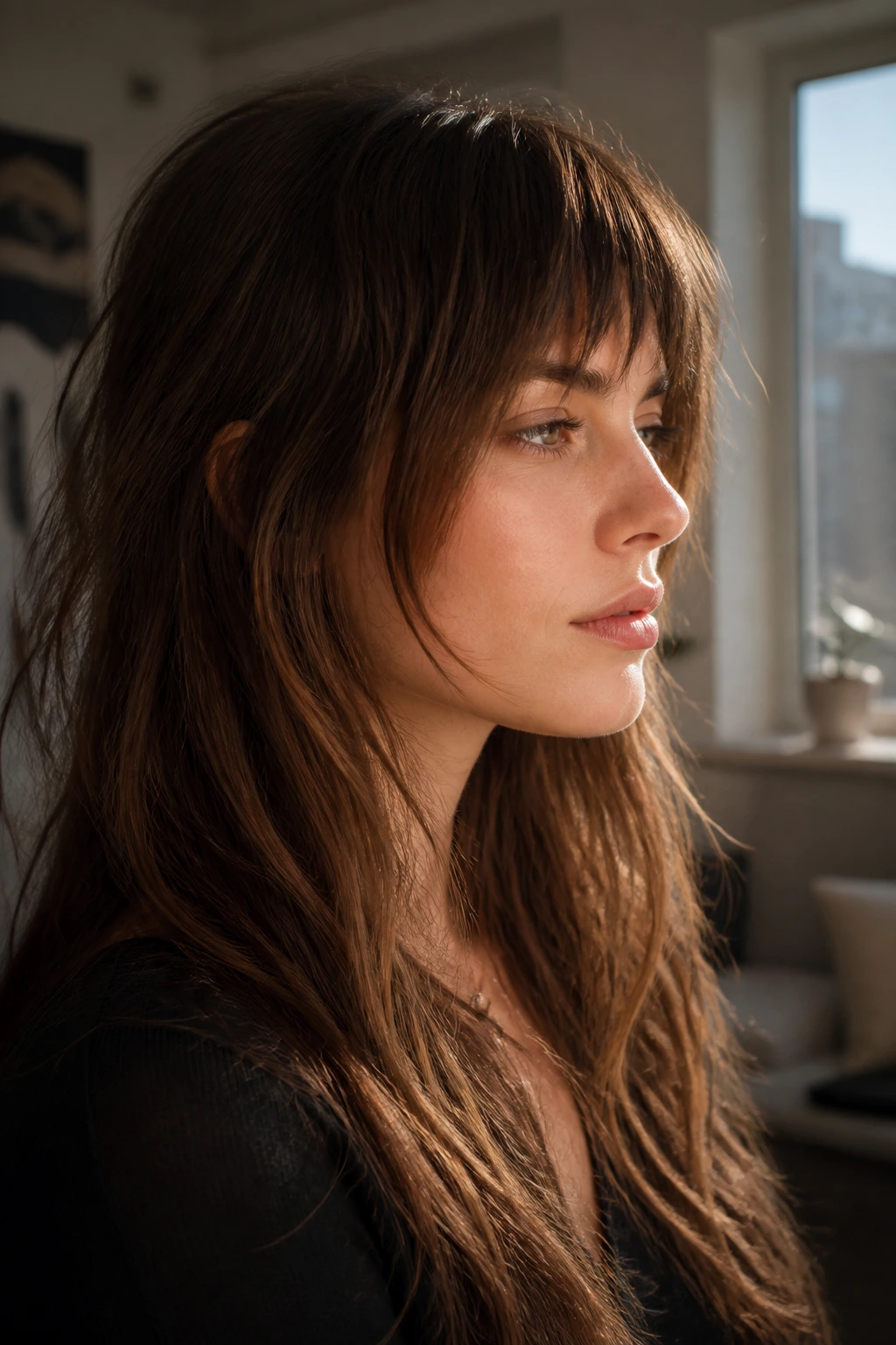 Profile of a real woman with choppy fringe in a sunlit living room