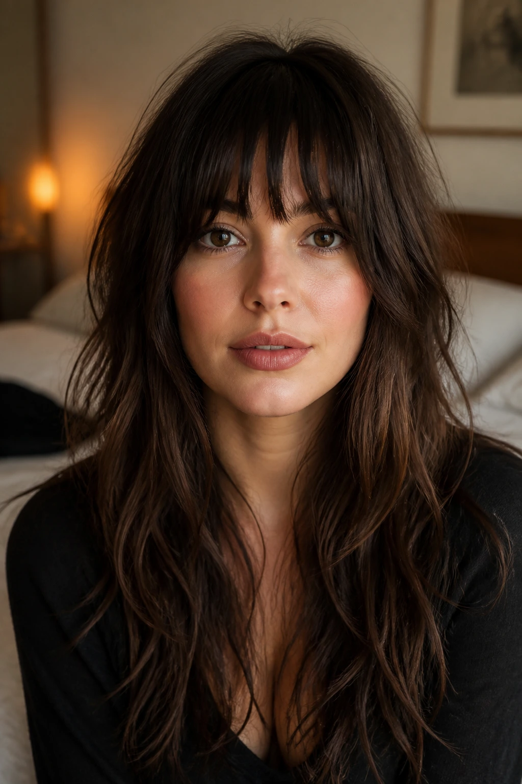 Close-up portrait of a real woman with a choppy fringe on a long shag hairstyle in warm window light