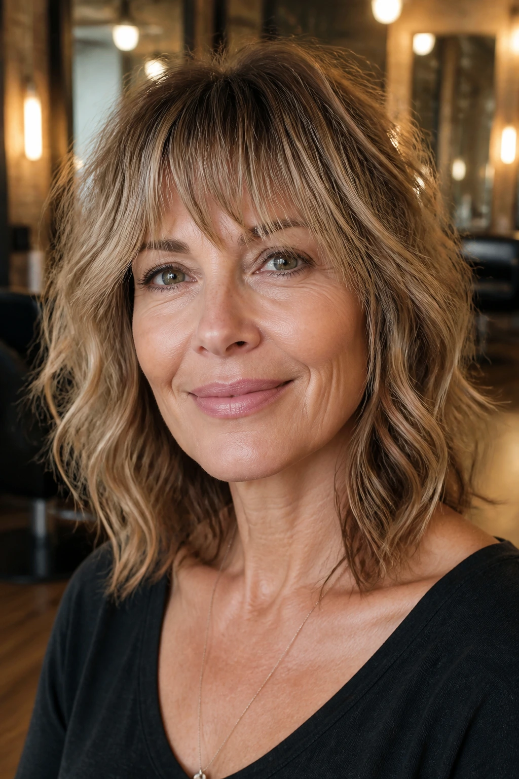 Close-up of a real woman with choppy piecey fringe in a salon