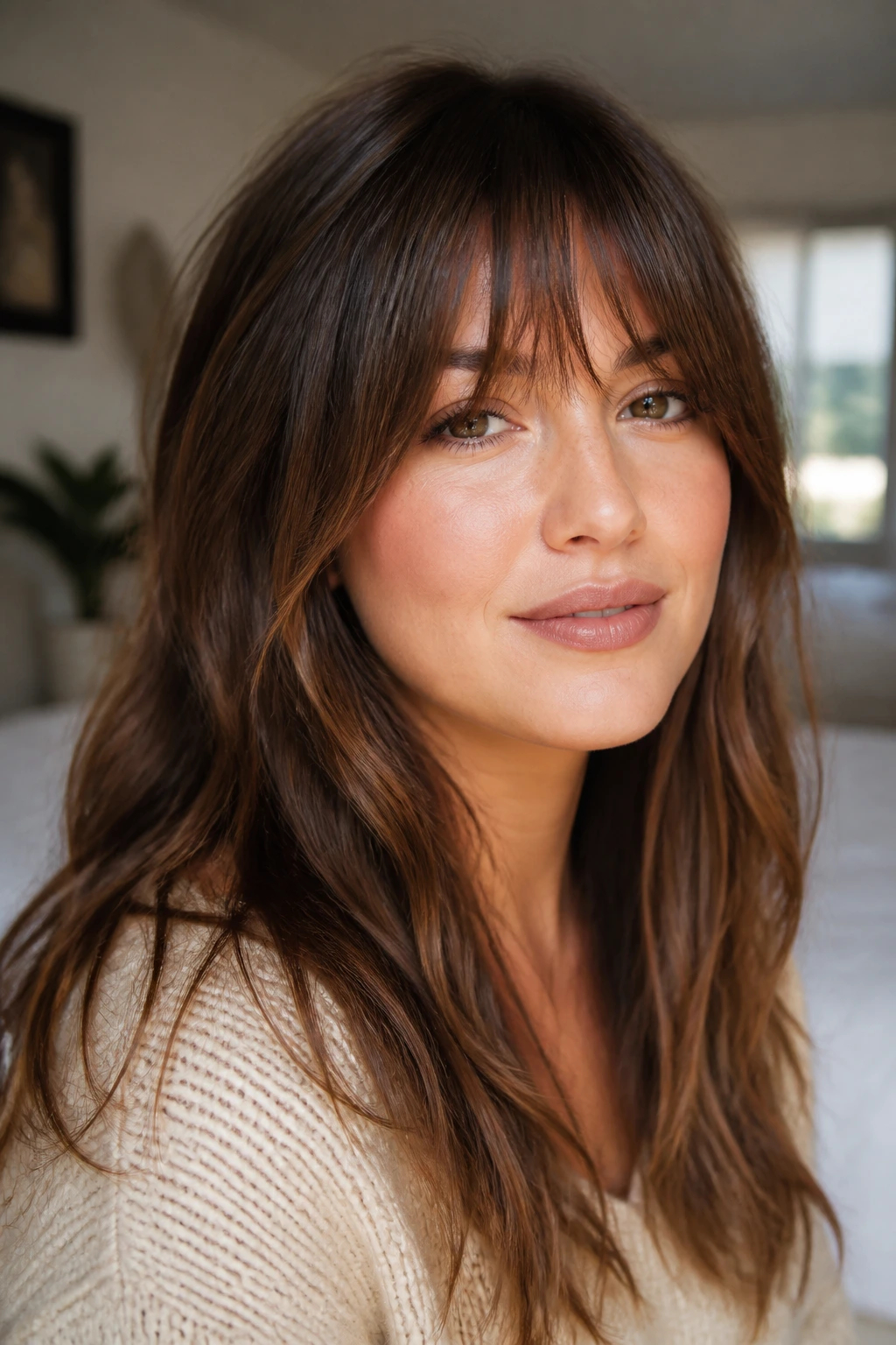 Close-up portrait explaining choppy fringe on long hair and round faces