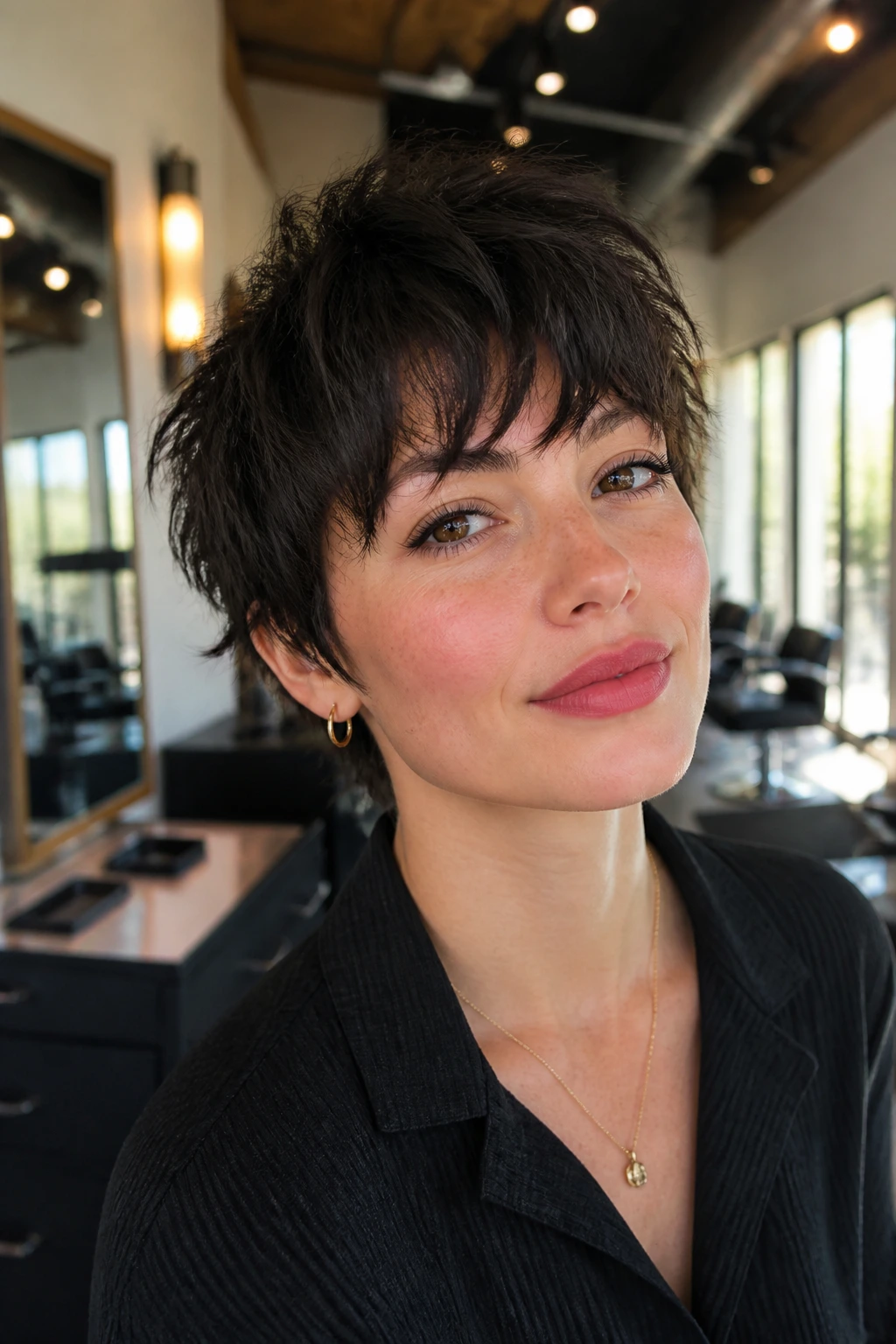 Close-up of a woman with a choppy fringe on a shaggy pixie in a salon