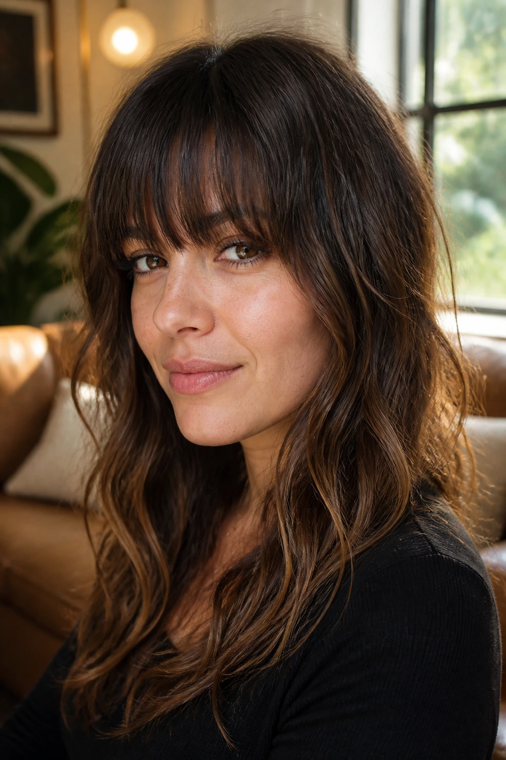 Close-up of real woman with choppy thick fringe in a sunlit living room