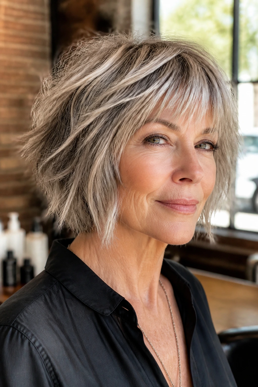 Close-up portrait of a real woman with choppy layers and razor-cut ends showing texture and movement