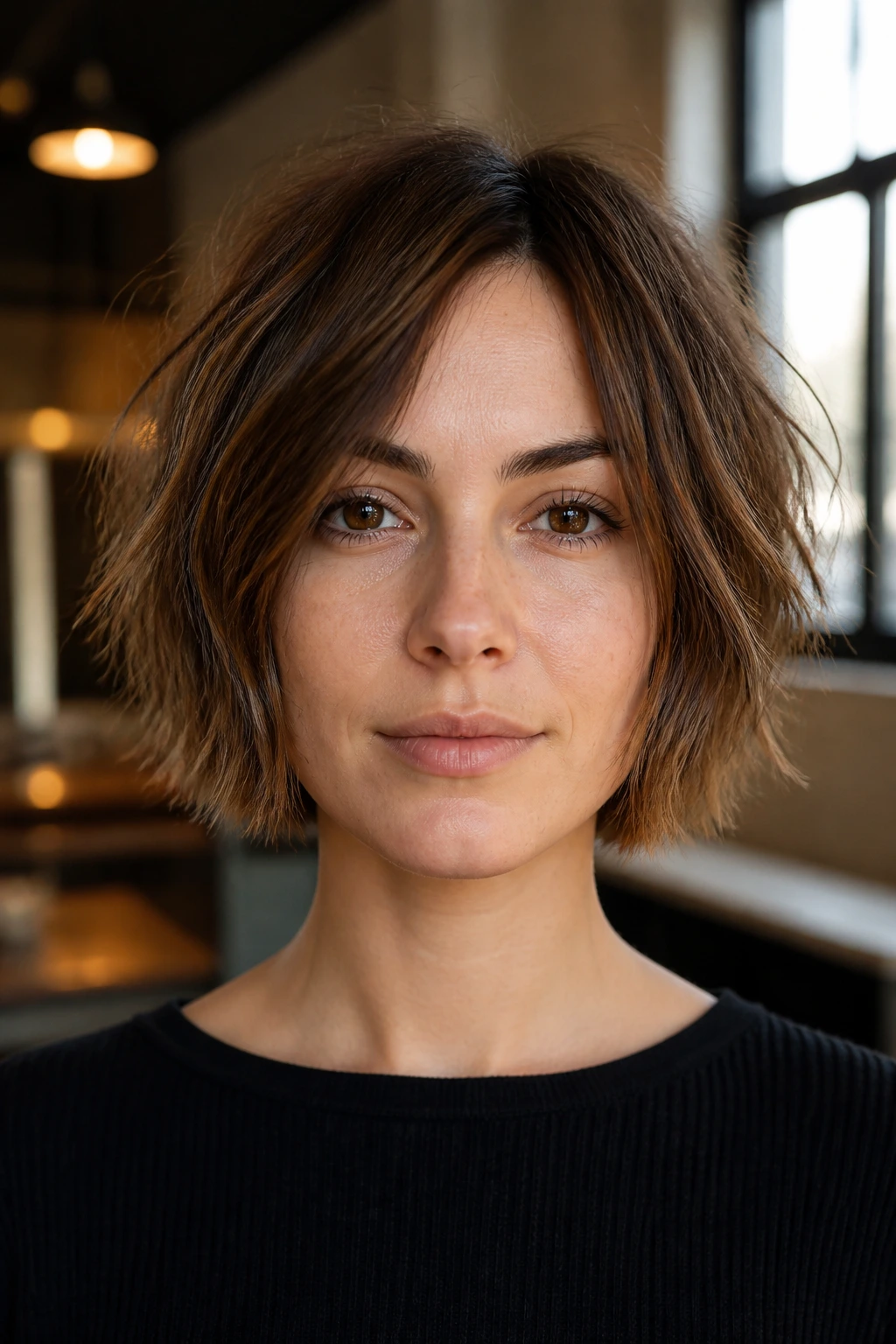 Close-up of a real person with a choppy jaw-length bob and bitey ends in warm interior lighting