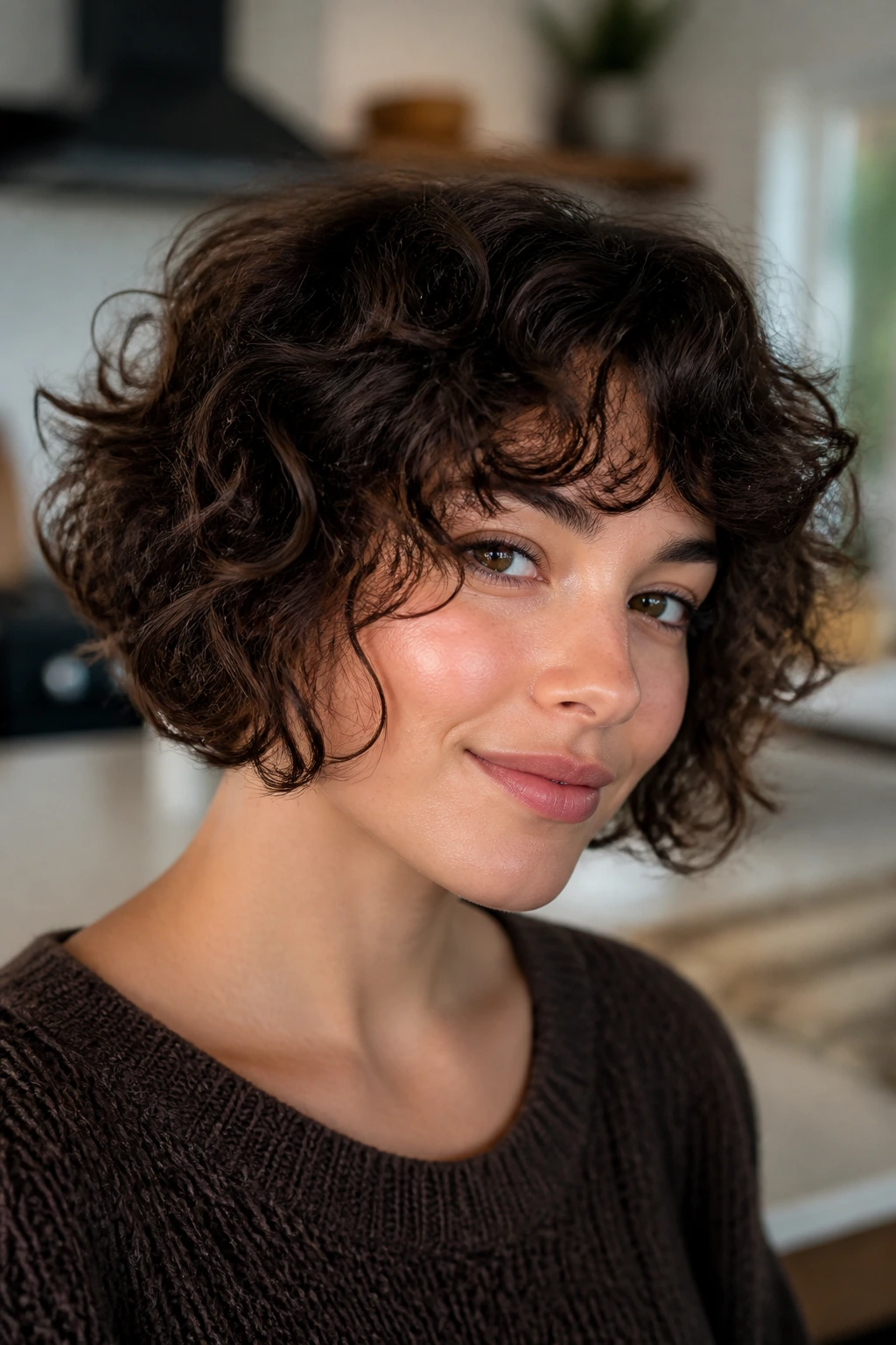 Close-up of a real woman with a choppy jaw-length curly bob and internal layers.
