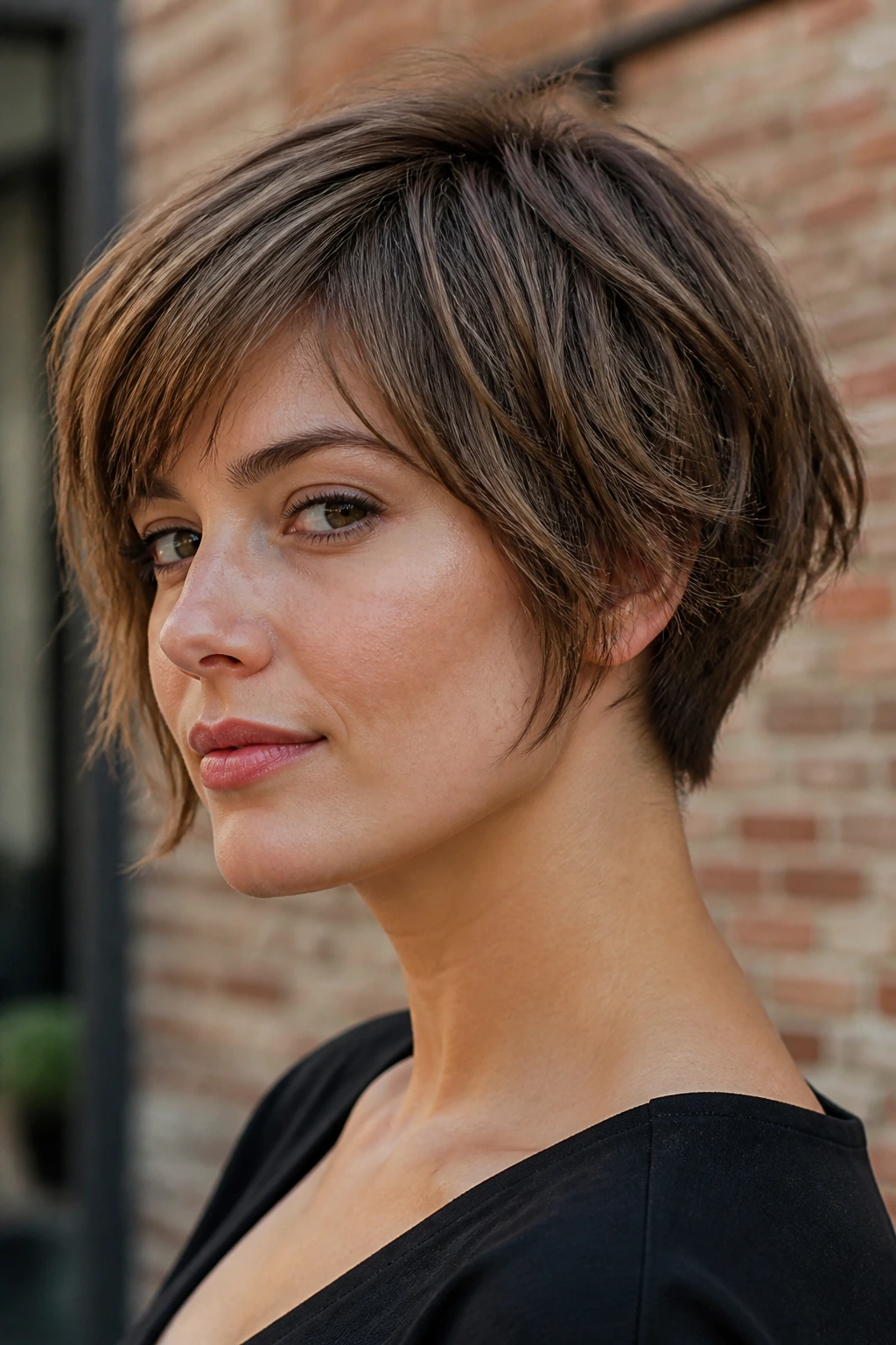 Portrait of woman with choppy layered bob and tapered nape
