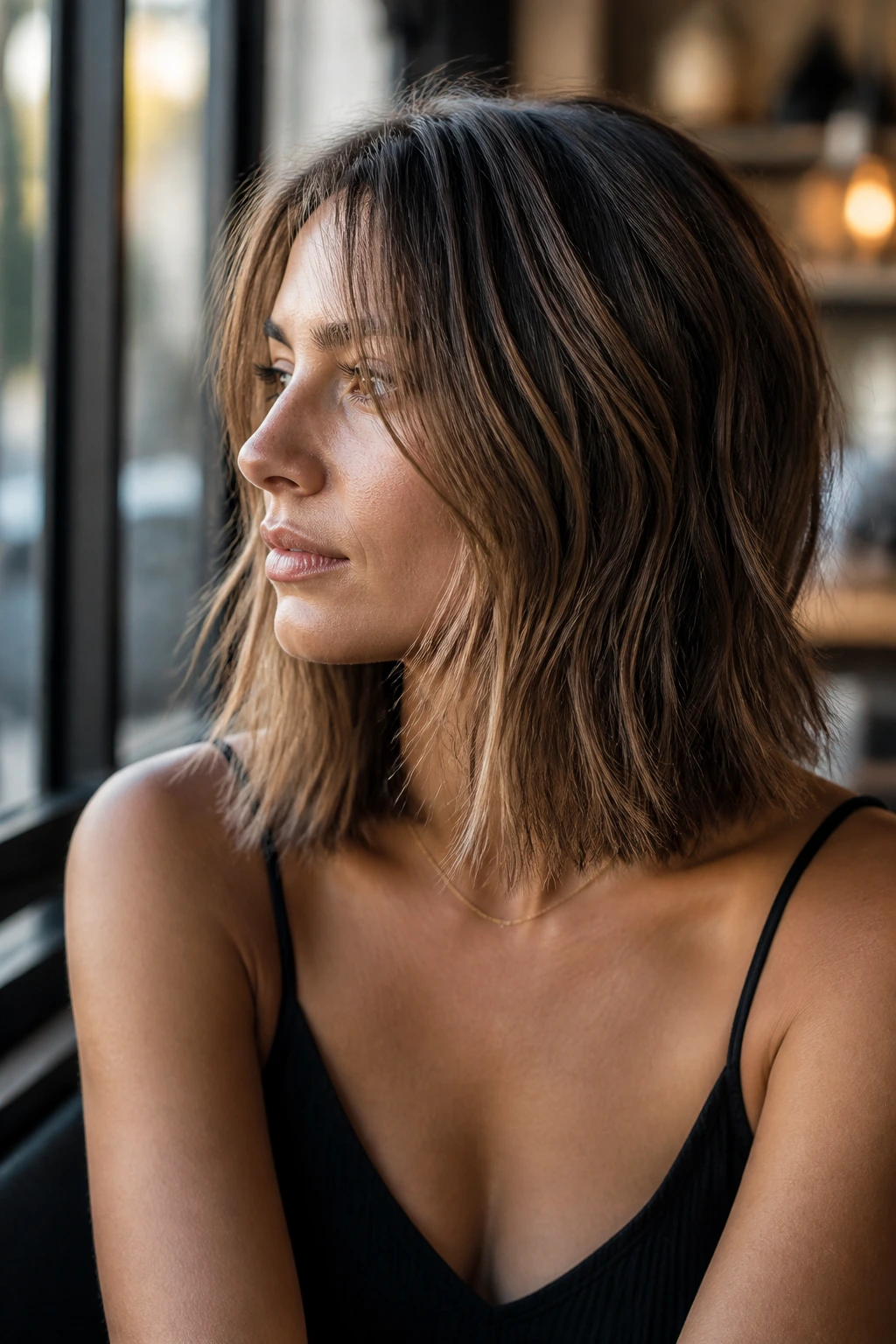 Real woman with choppy layered lob showing a clean perimeter and volume