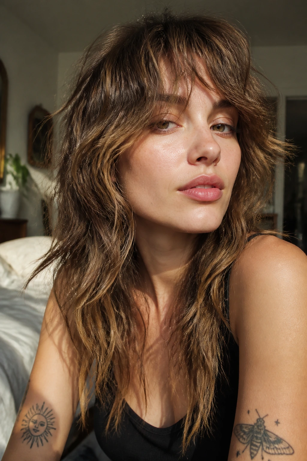 Close-up portrait of real person with choppy layered wave shag