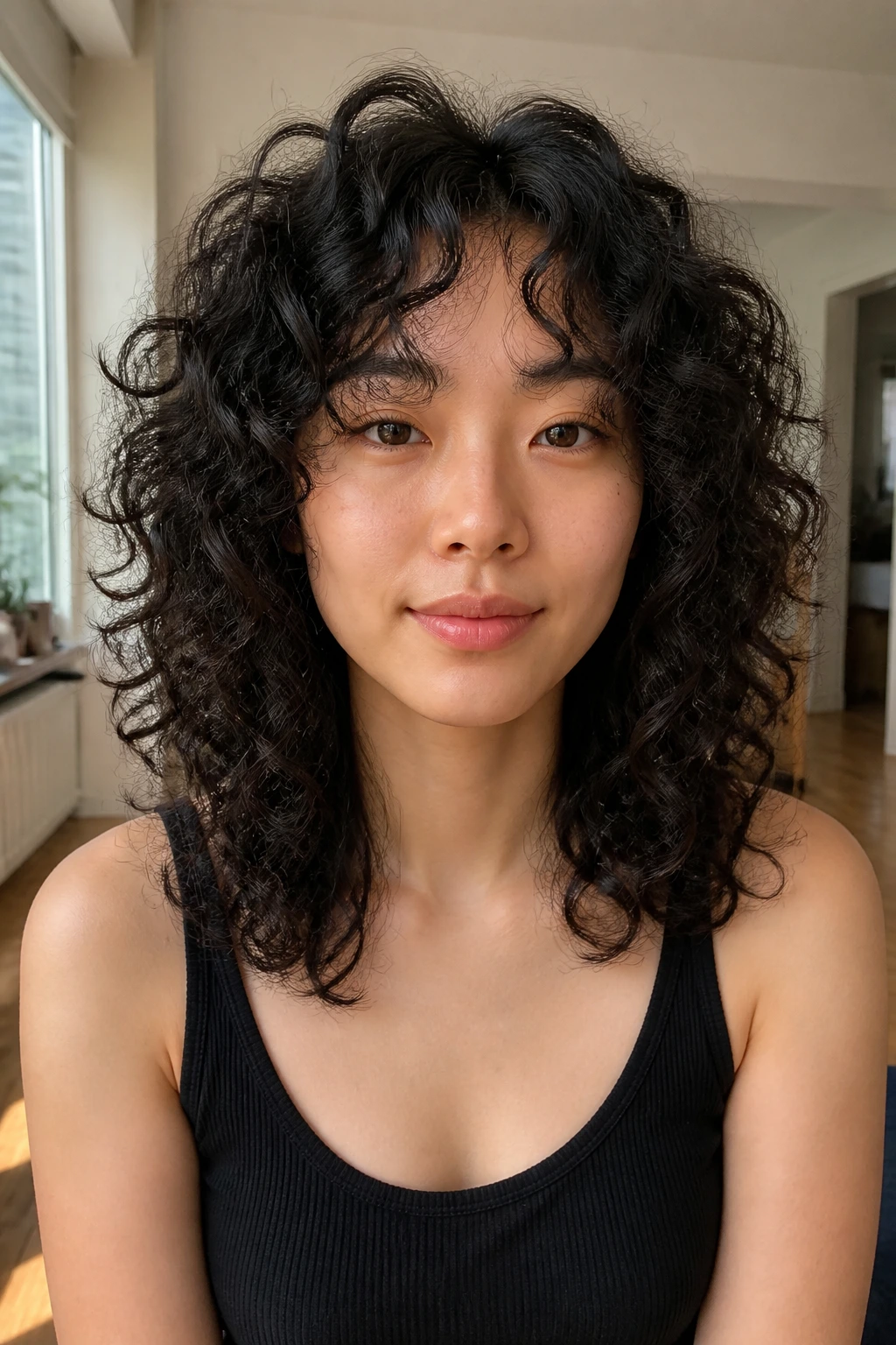 Real woman with dense curly hair in a choppy layered cut showing lift and texture