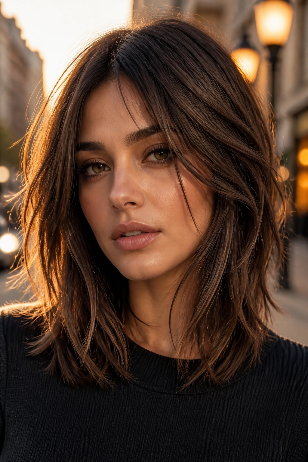 Close-up of a woman with choppy long layers and modern edge