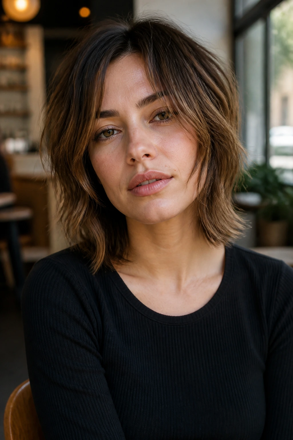 Real woman with choppy face-framing layers tapering near the mouth in a cafe-lit portrait