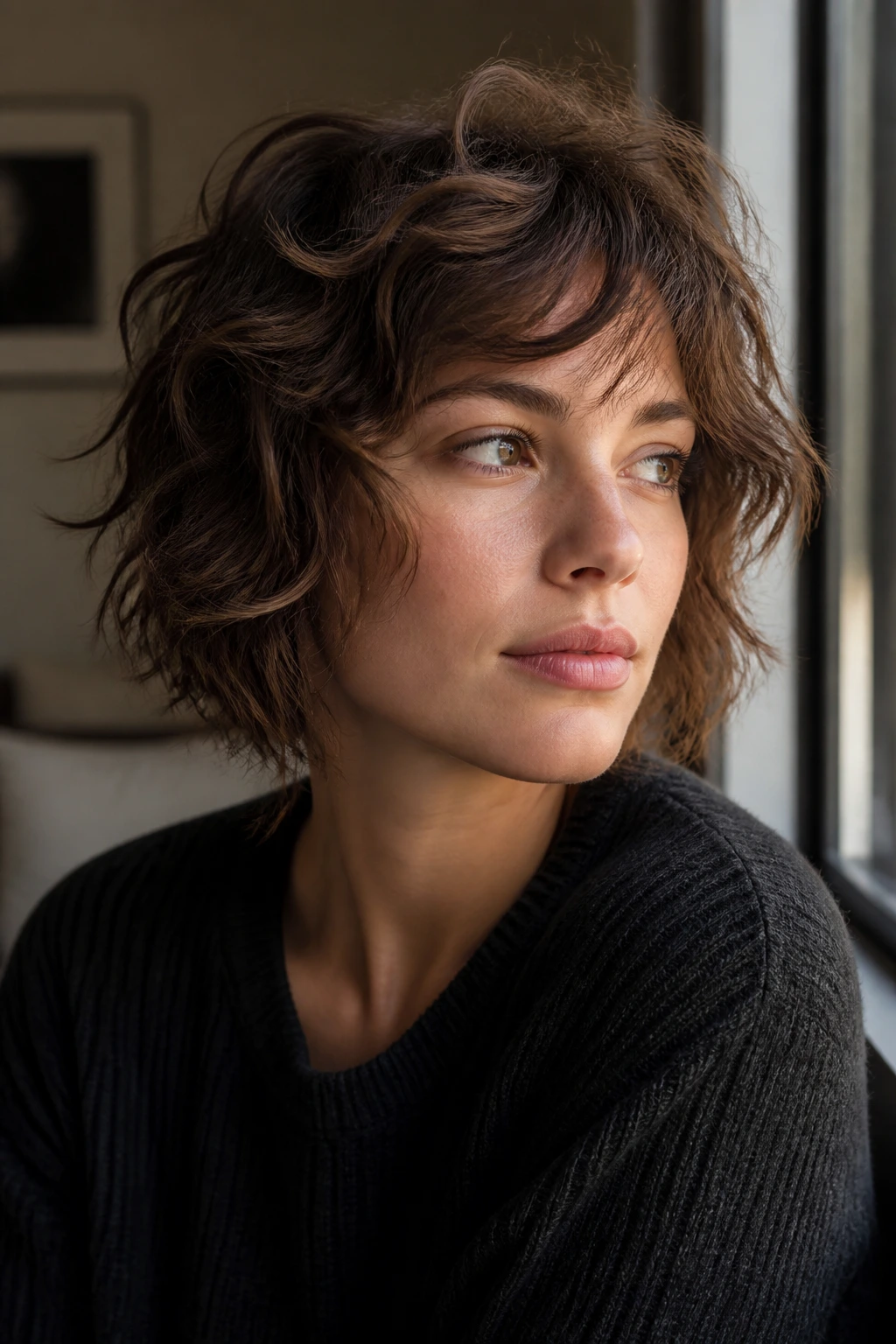 Portrait of a real person with choppy layers and messy styling on wavy hair.