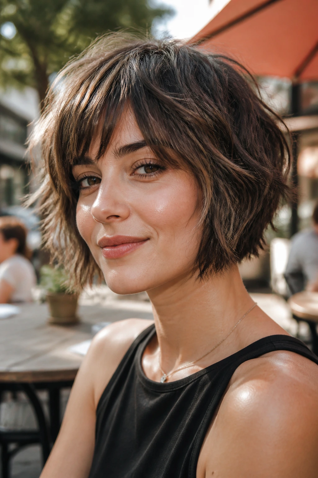 Close-up of real woman with choppy lite shag bob on chin-length cut outdoors