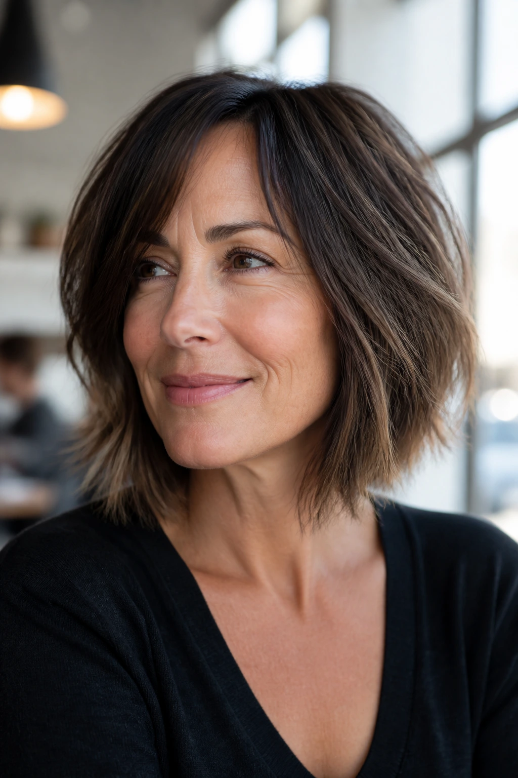 Close-up of a real woman with a choppy lob and airy ends