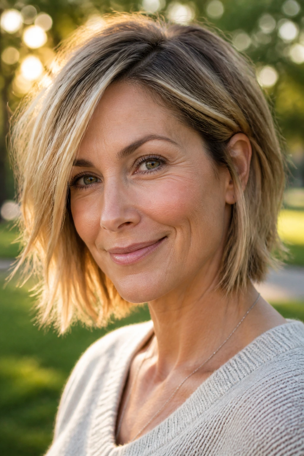 Close-up of a real woman with a choppy lob and airy ends in golden hour light.