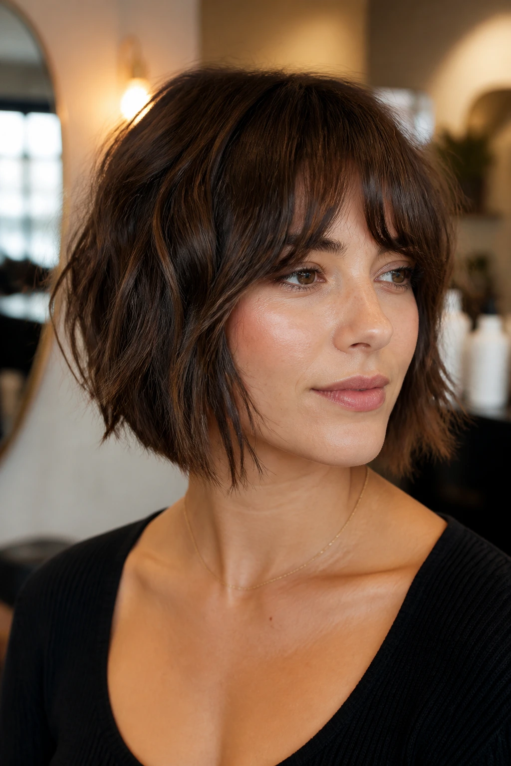 Close-up portrait of a real woman with choppy lob and bottleneck bangs in warm salon light