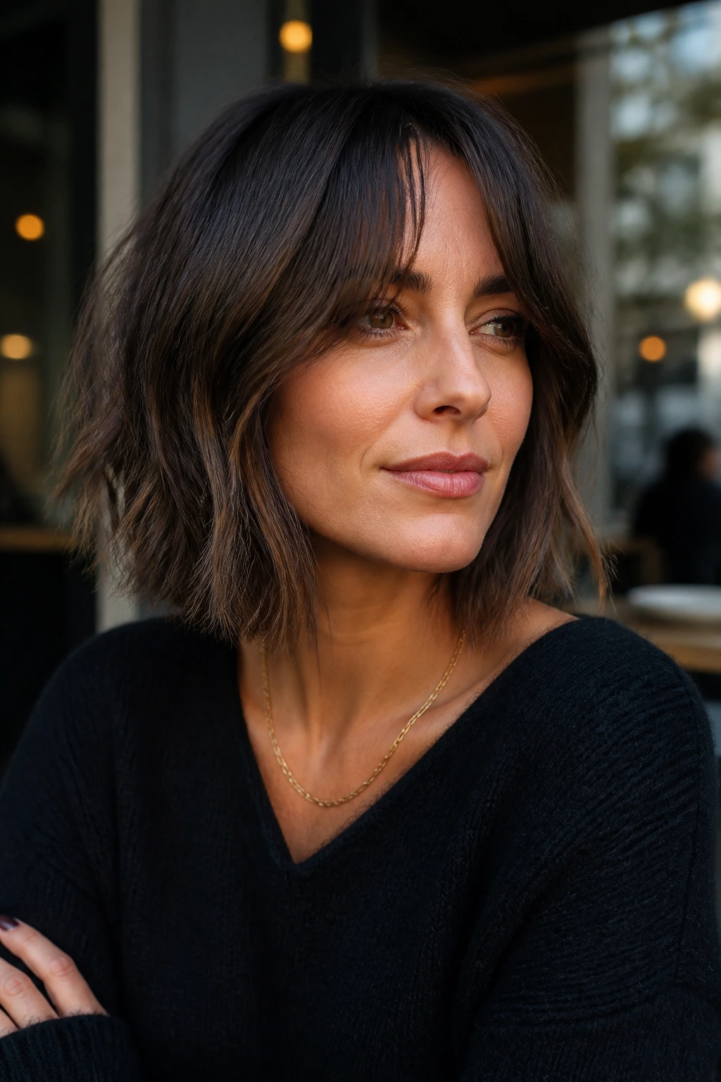 Close-up portrait of a real woman with a choppy lob and curtain bangs