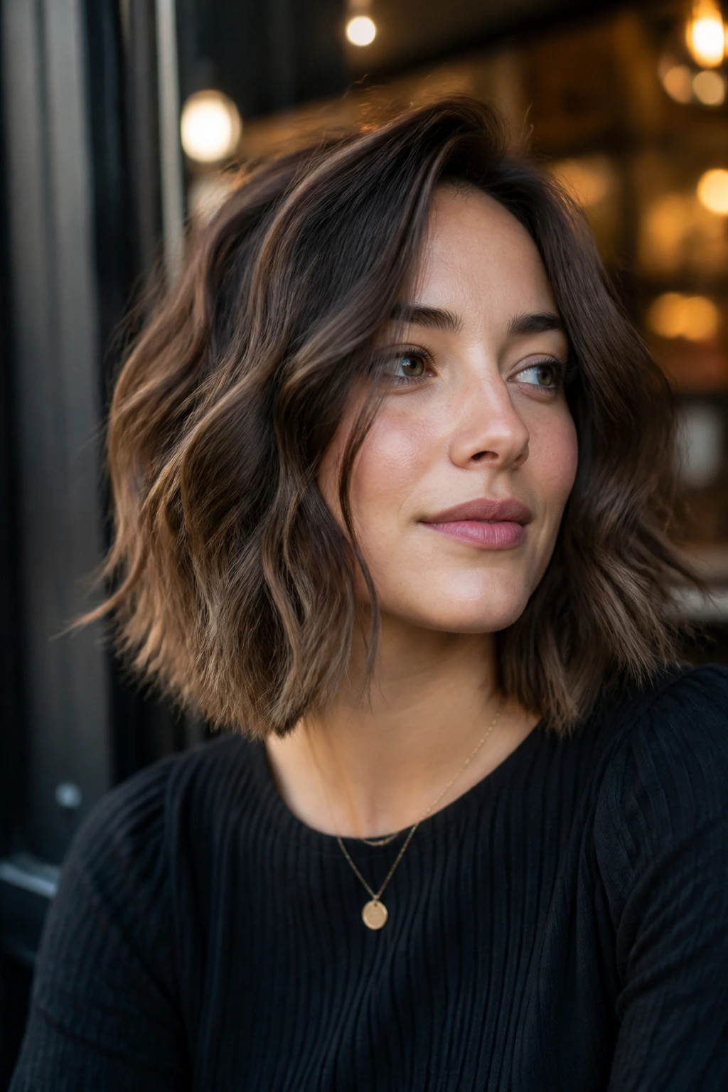 Medium close-up of a real woman with a choppy lob and piecey ends in an urban cafe setting.