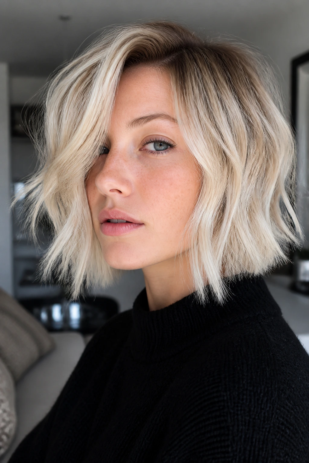 Close-up of a real woman with a choppy lob and frosted ends
