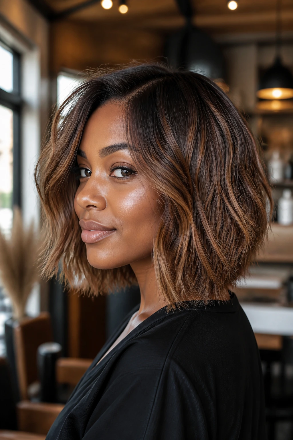Close-up portrait of a real Black woman with a choppy lob and golden brown babylights.