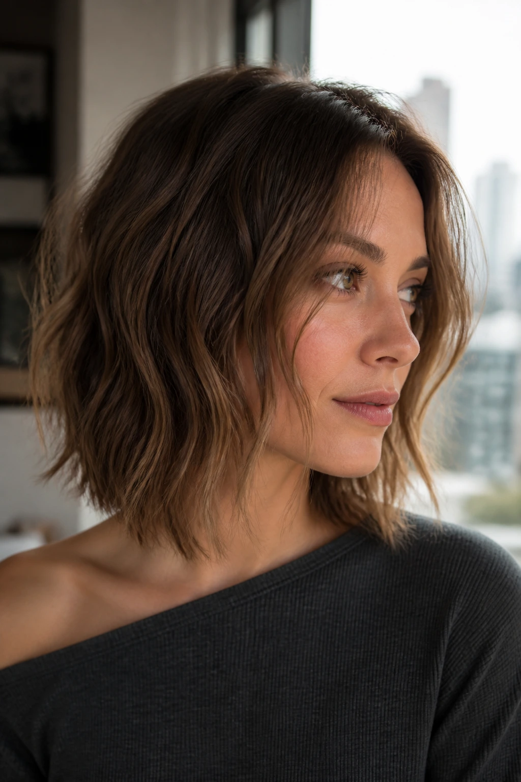 Close-up of choppy lob with hidden internal layers on a real woman.
