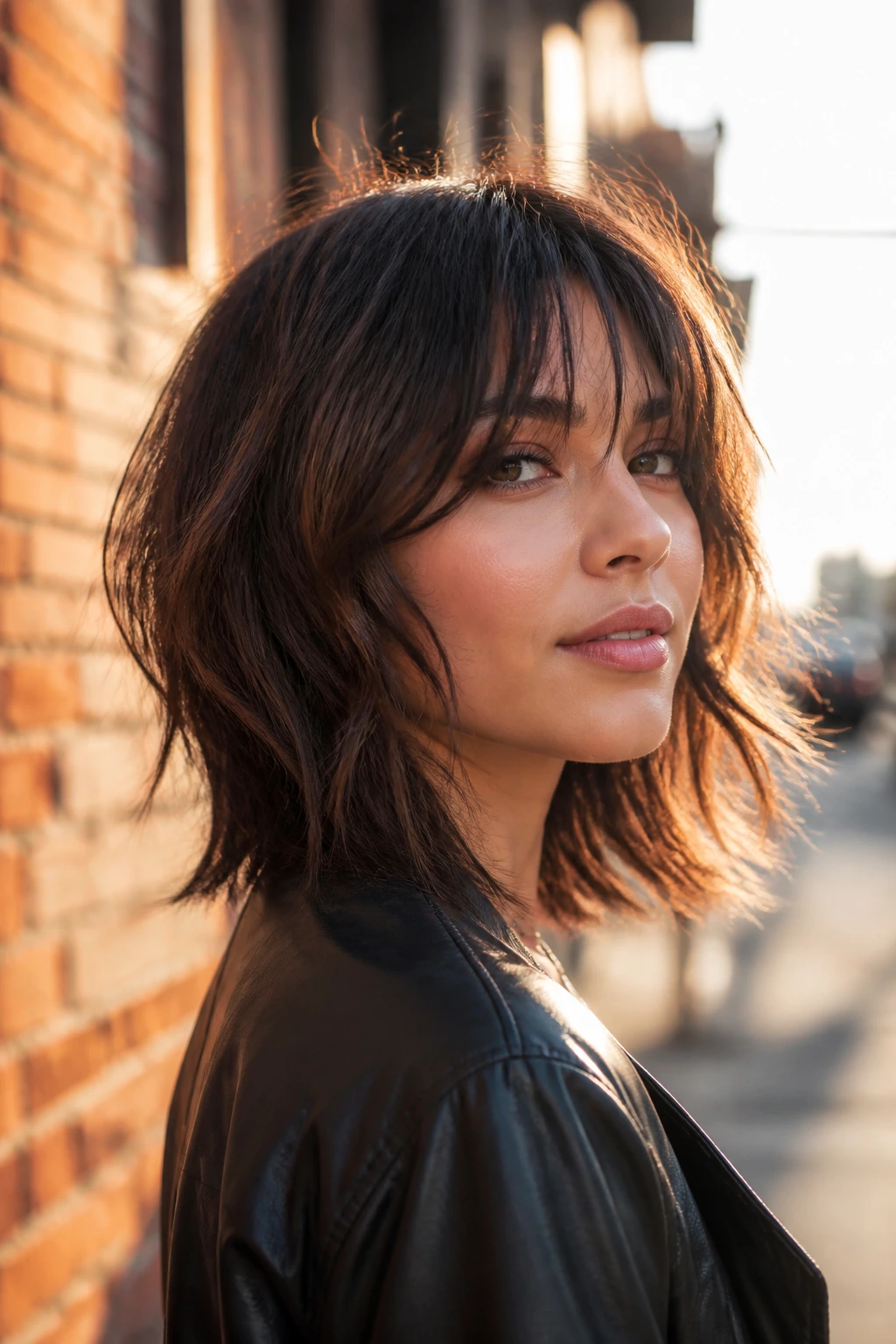 Portrait of a real person with a Choppy Lob With Airy Layers showing airy layers and uneven ends on a street backdrop