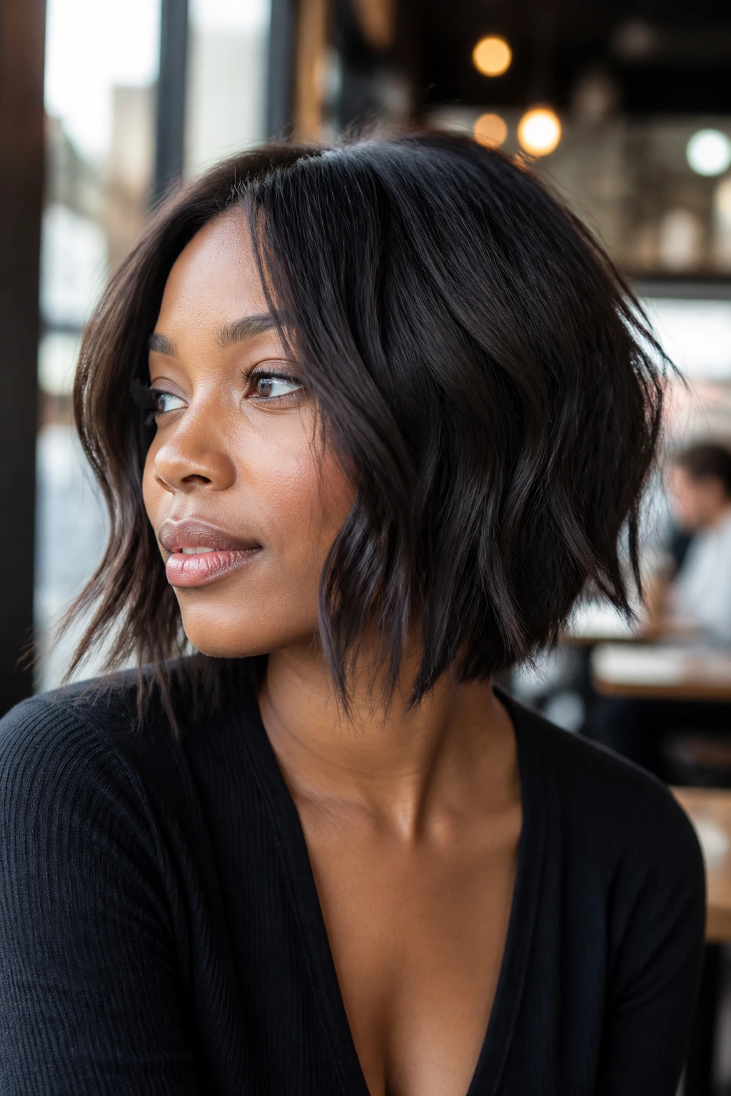 Close-up of a Black woman with a choppy lob and invisible layers in warm daylight