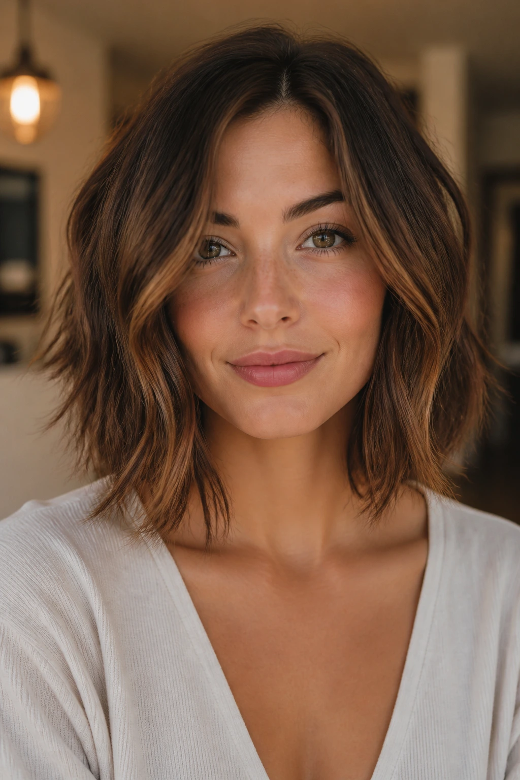 Close-up of real person with choppy lob and piecey ends.