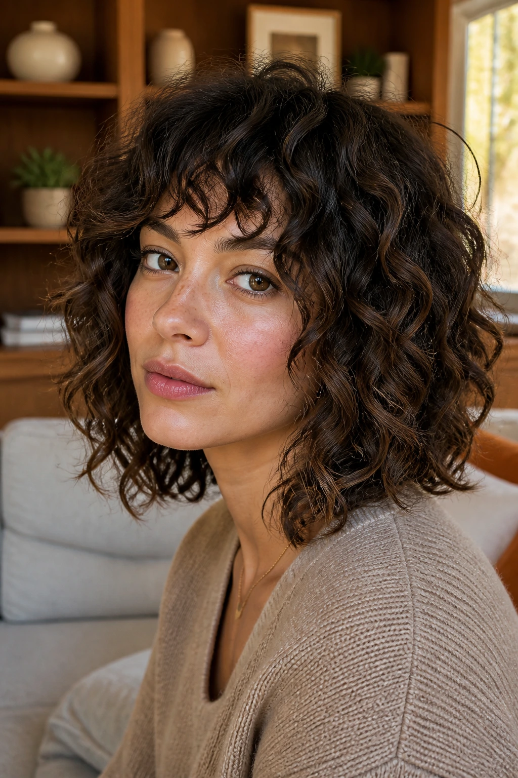 Close-up portrait of a real woman with choppy lob and piecey ends highlighting curl texture.