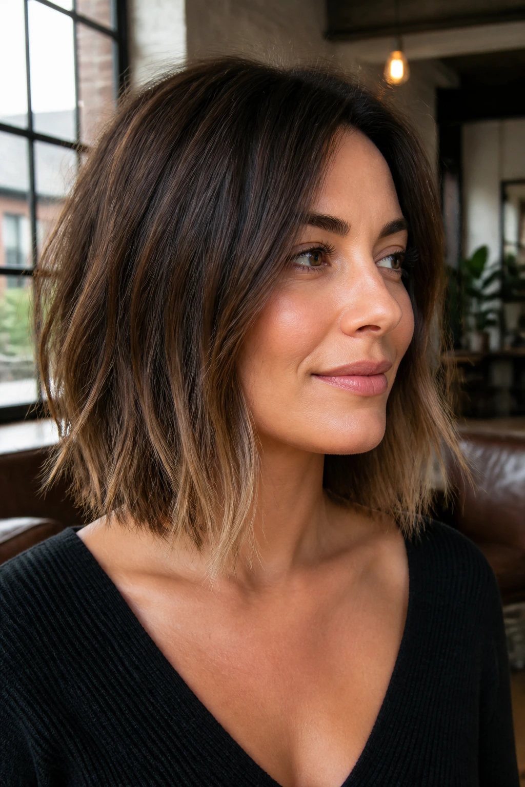 Portrait of woman with choppy piecey lob.