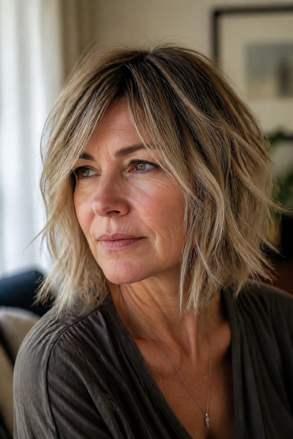 Real woman with choppy lob texture, medium-length hair, warm living room light