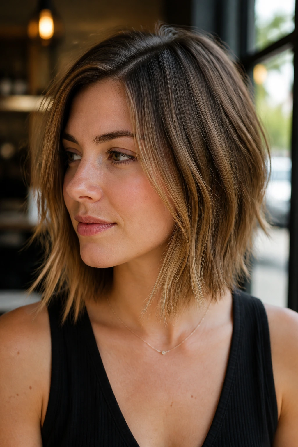 Close-up portrait of a real woman with a choppy lob and point-cut ends, showing textured perimeter