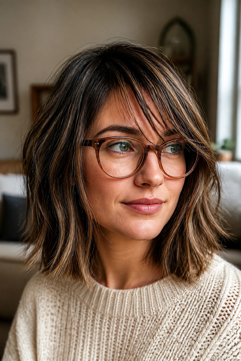 Close-up portrait of a woman with a choppy lob and separated ribbon bangs