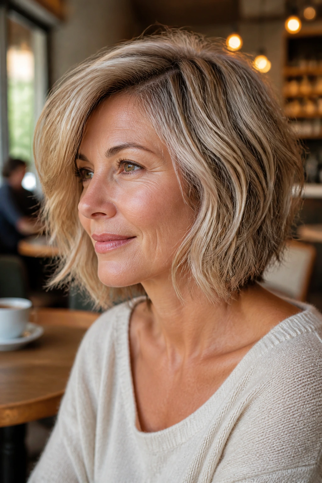 Close-up portrait of a real woman with a choppy lob shag and side-swept part