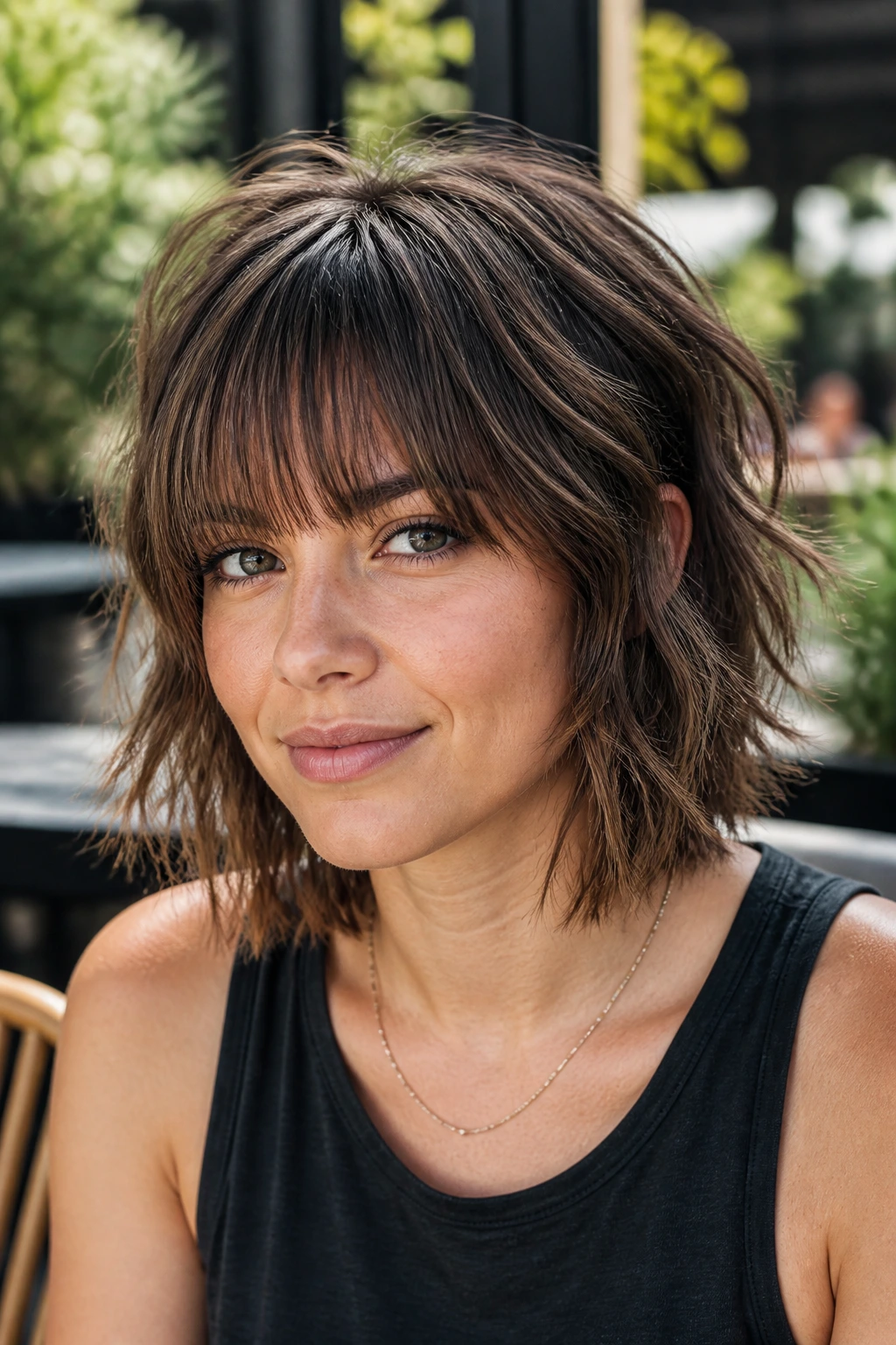 Close-up of a real woman with choppy lob shag and eyebrow-grazing bangs at an outdoor cafe
