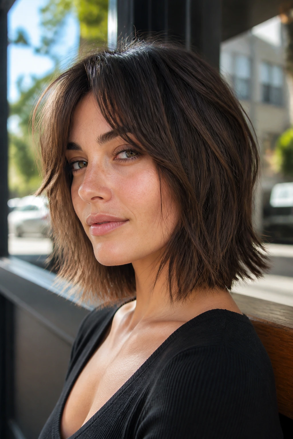 Close-up of real woman with Choppy Lob with Tapered Ends showing flicked-out ends