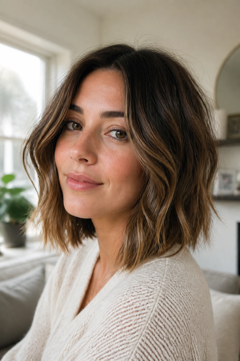 Portrait of a person with a choppy lob and soft ends in natural light