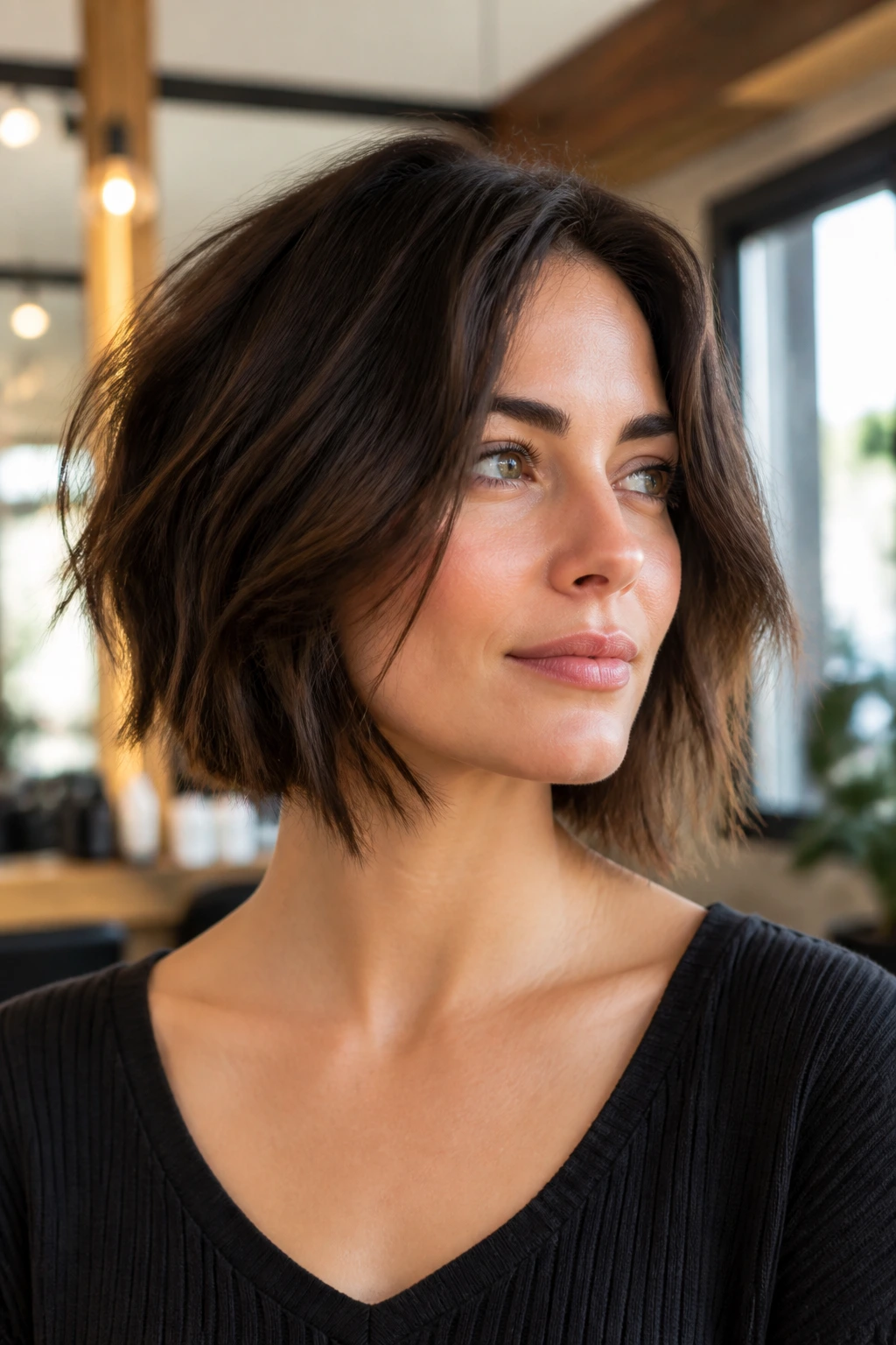 Close-up of a real woman with a thick, choppy lob and interior layers