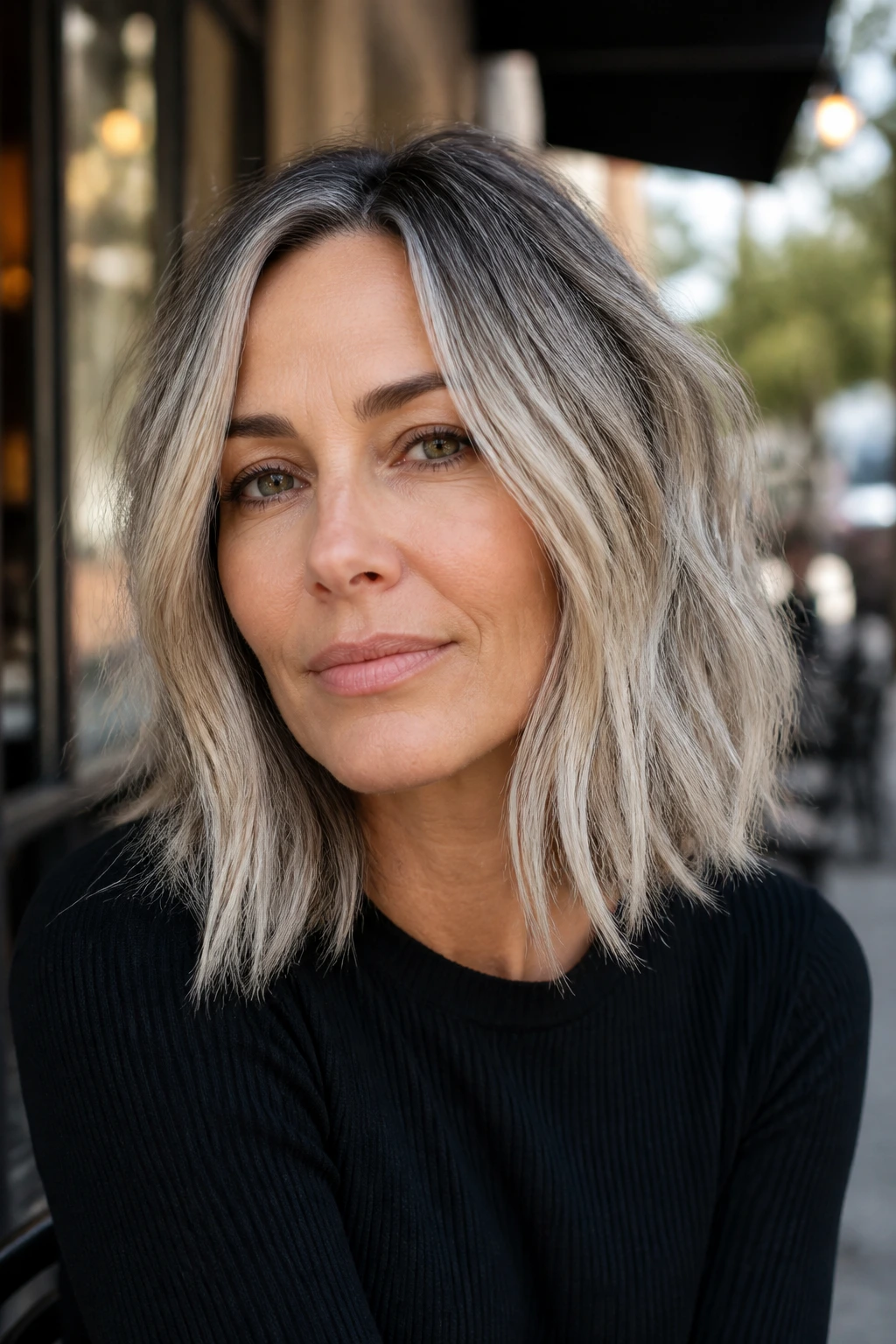 Portrait of a real woman with a choppy long bob and charcoal roots