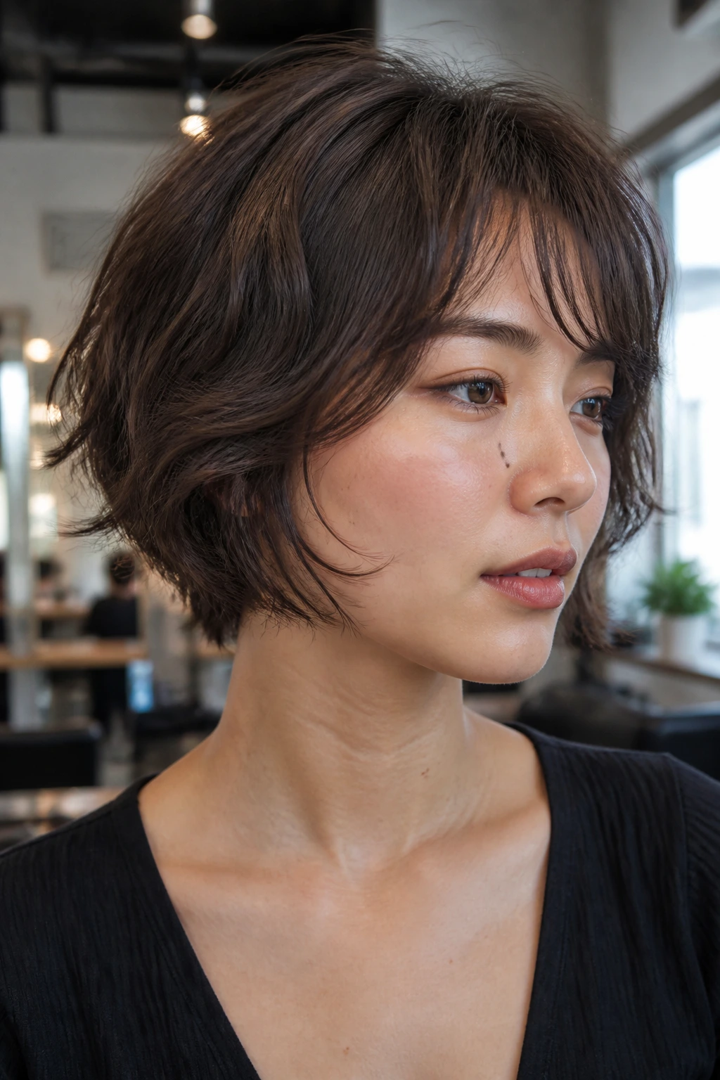 Close-up portrait of a woman with a choppy micro-layer bob and side-swept bangs in natural salon lighting