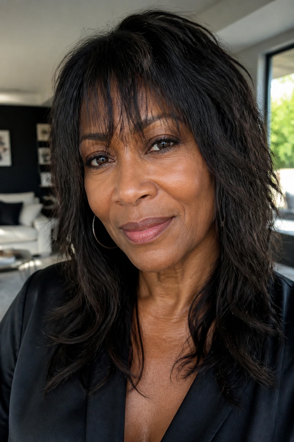 Close-up portrait of a real woman with choppy micro layers and shaggy fringe