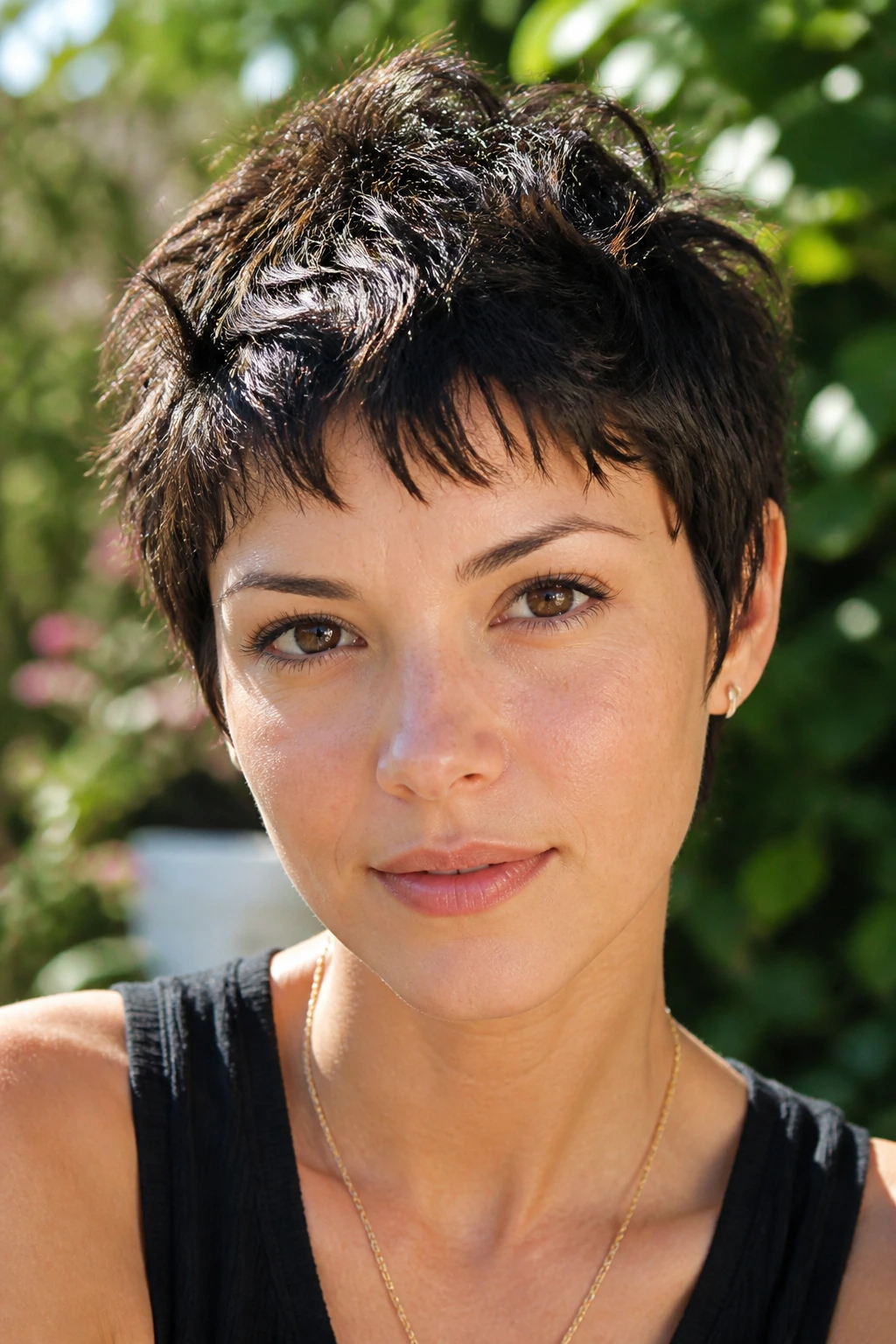 Real person with choppy micro pixie and piecey ends in a sunlit garden