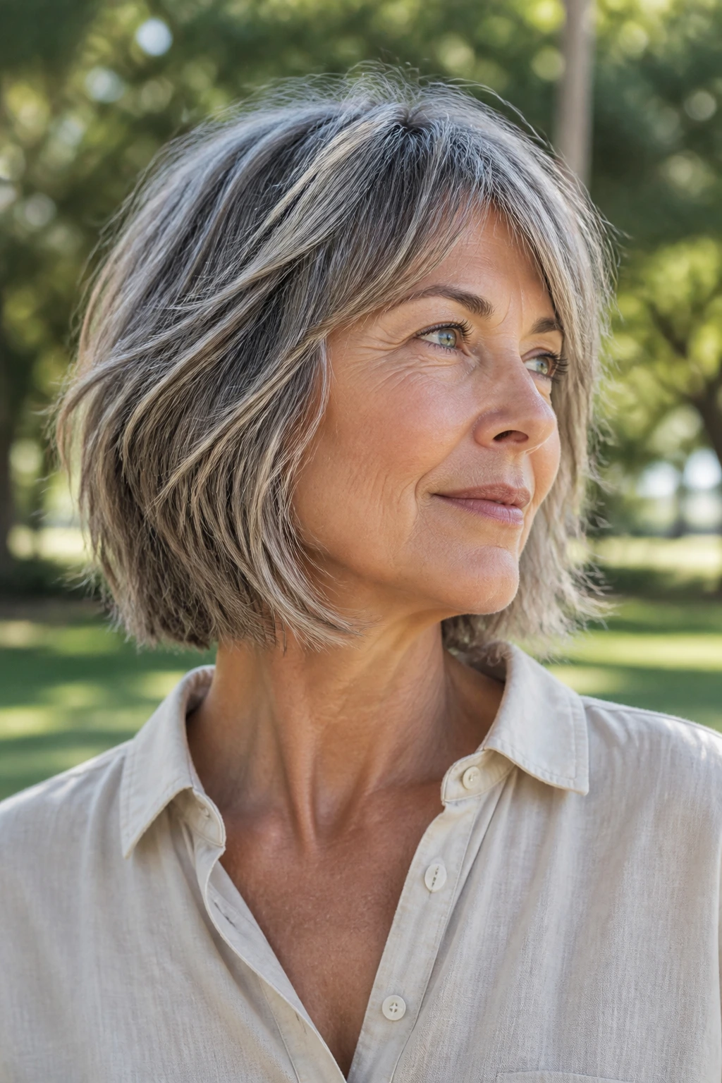 Close-up of a real woman with a choppy mid-length bob.