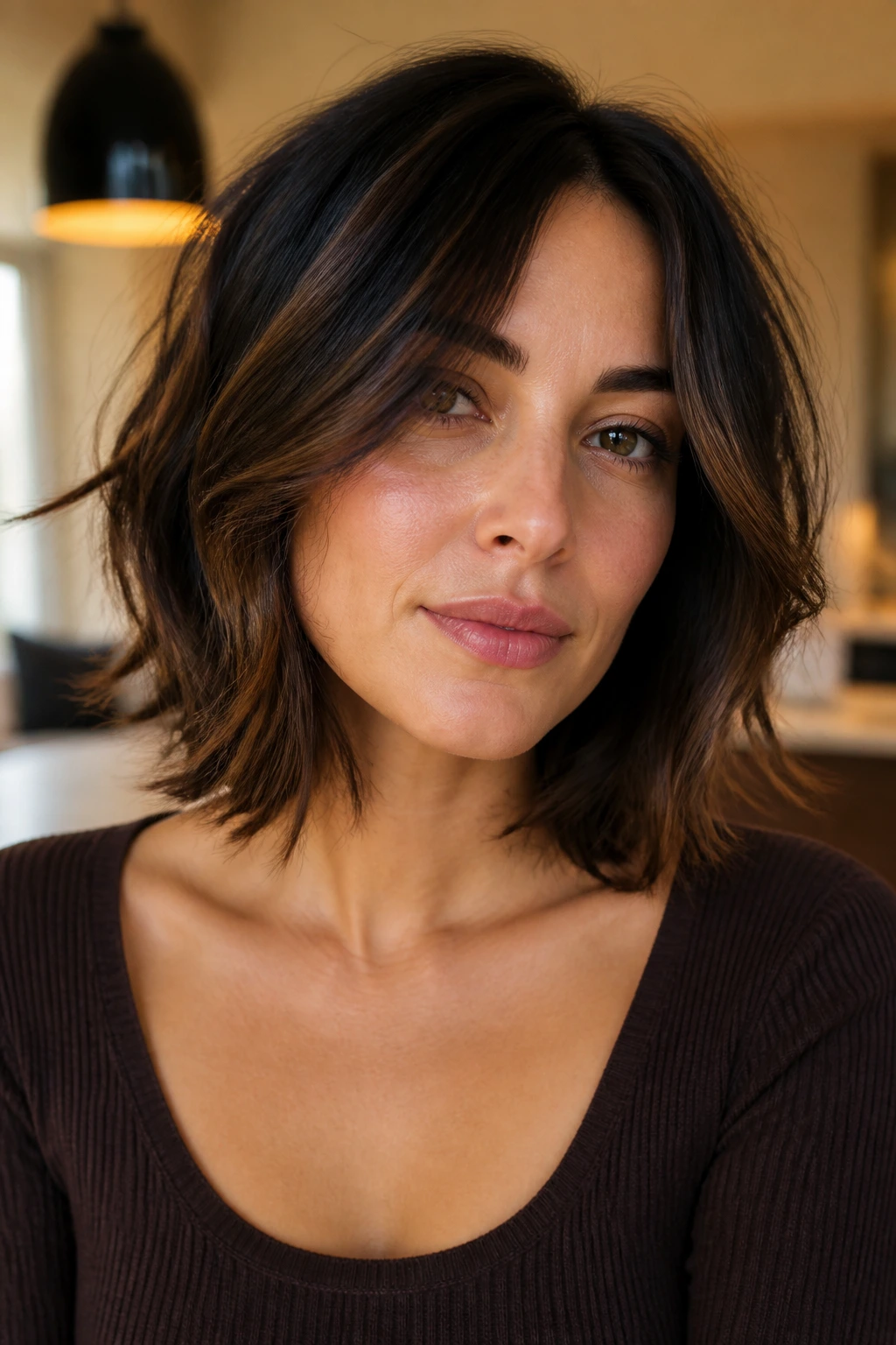 Brunette with choppy mid-length cut and airy ends in warm light.