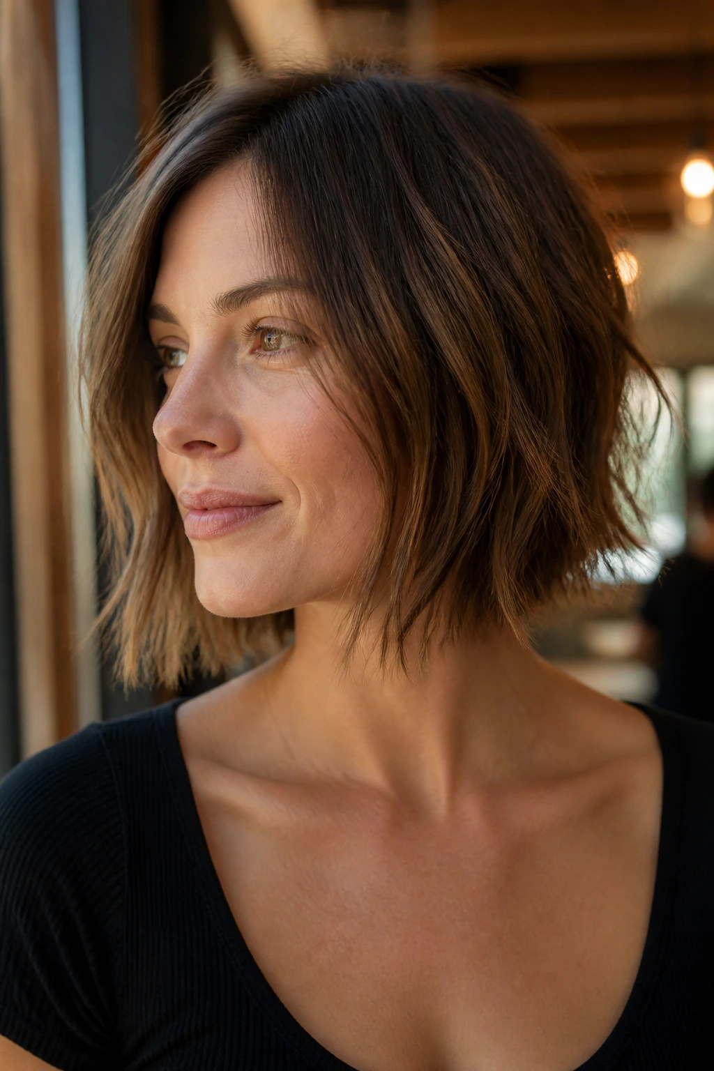 Close-up of a real woman with a choppy midi bob, textured ends and movement.